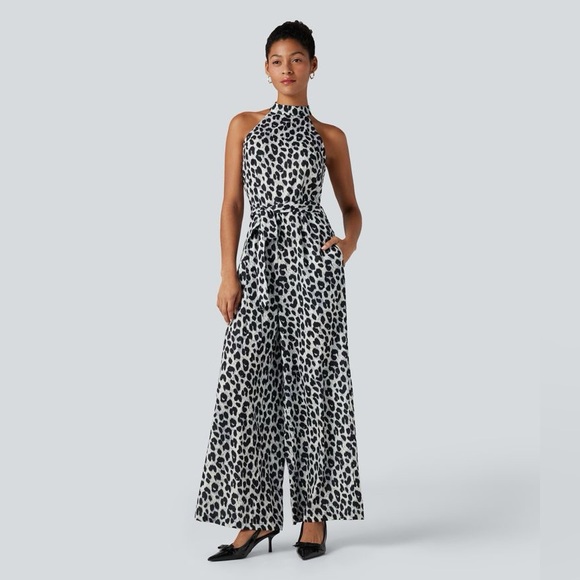 HALARA Pants - Halter Sleeveless Belted Leopard Party Jumpsuit with Pockets